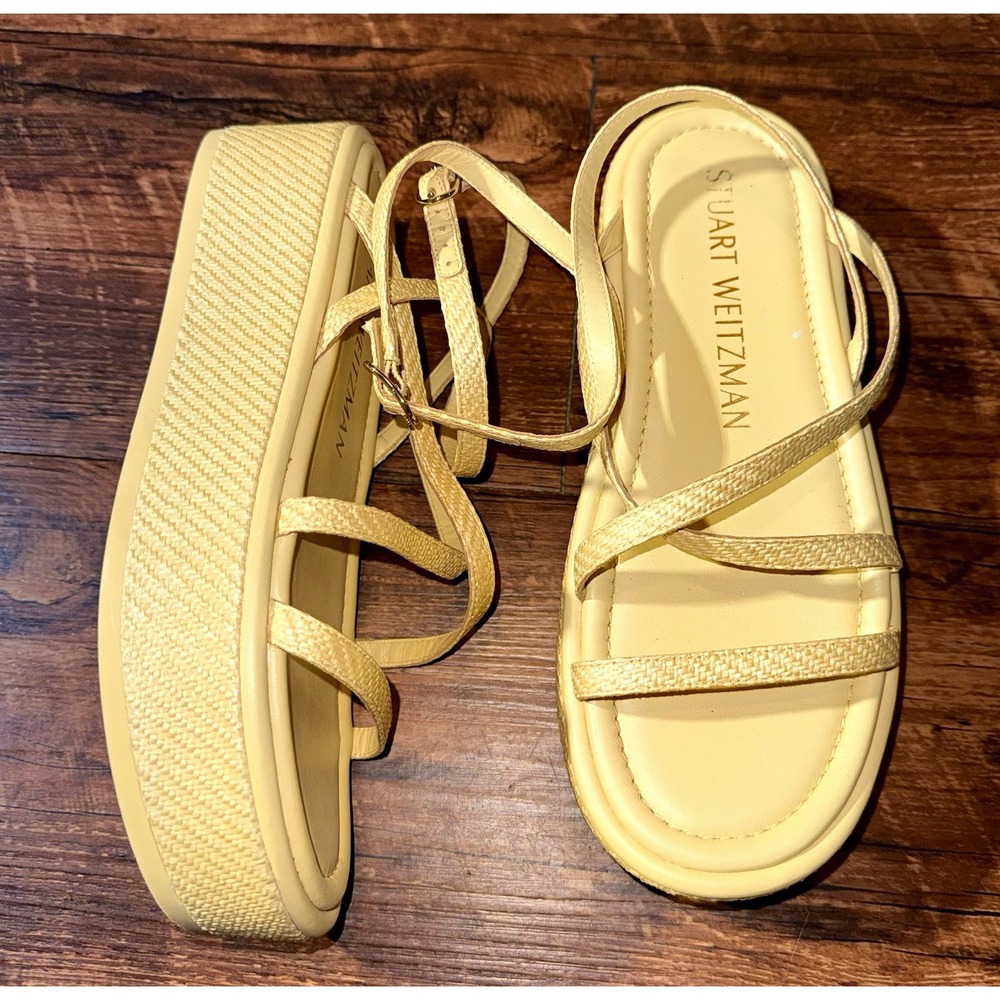 Stuart Weitzman Beige/Gold Strappy Platform Ankle Strap Buckle Sandals 7.5